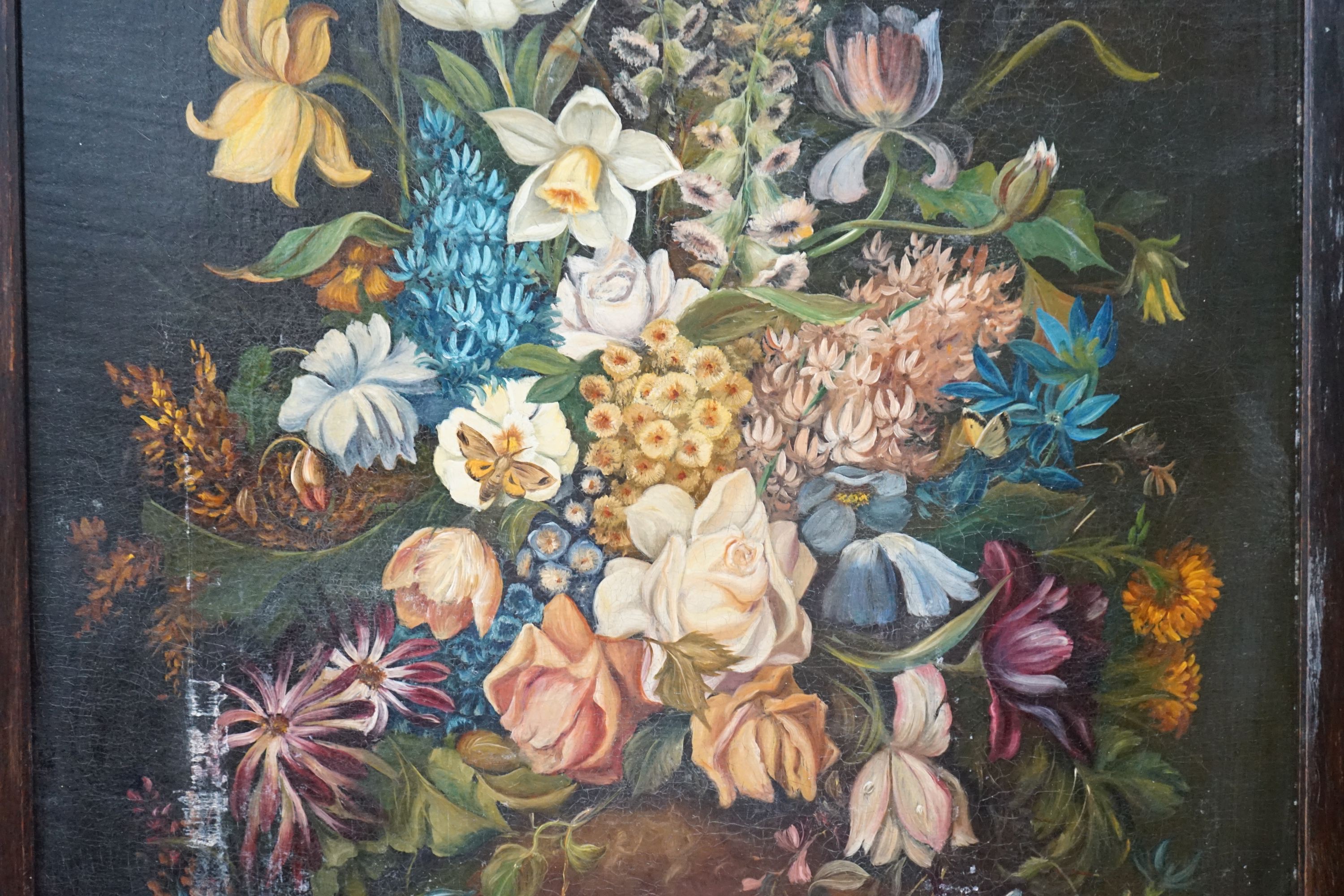 An early 20th century painted fire screen inset still life oil on canvas, width 66cm, height 94cm